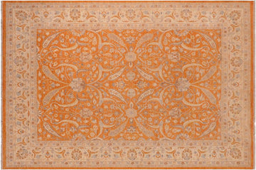 handmade Transitional Kafkaz Orange Ivory Hand Knotted RECTANGLE 100% WOOL area rug 10 x 14